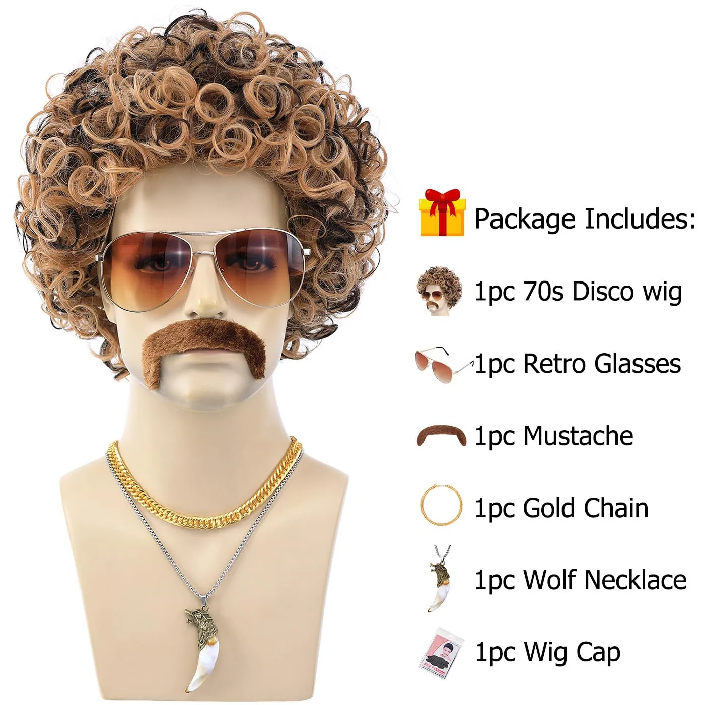 6pcs Set 70s 80s Disco wig with Mustache Glasses Artificial Wolf Necklace Golden Chain Short Curly Hair Afro Mens Wig for 60s Hippies Costume Cosplay Halloween Party (Blonde Mixed Brown)