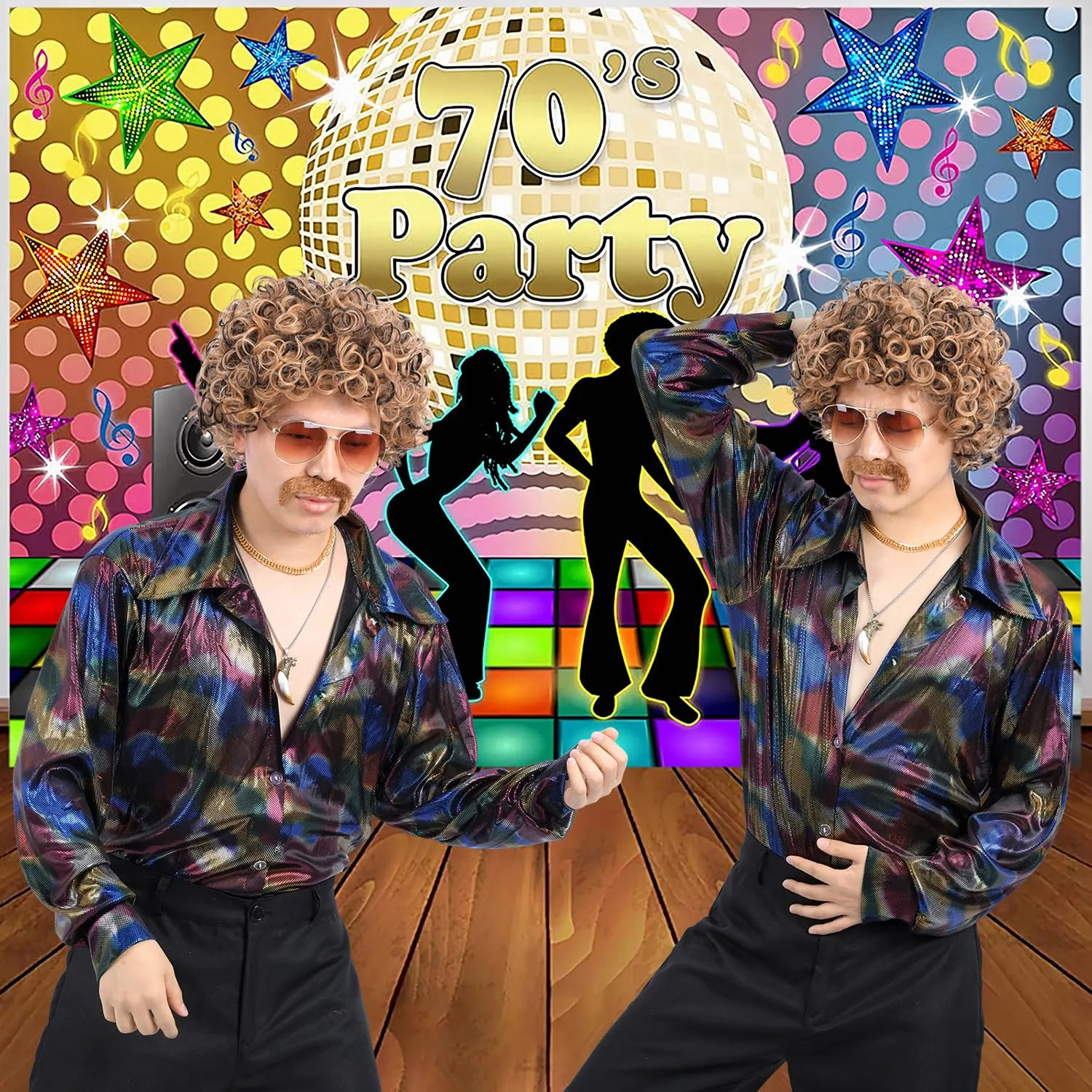 6pcs Set 70s 80s Disco wig with Mustache Glasses Artificial Wolf Necklace Golden Chain Short Curly Hair Afro Mens Wig for 60s Hippies Costume Cosplay Halloween Party (Blonde Mixed Brown)
