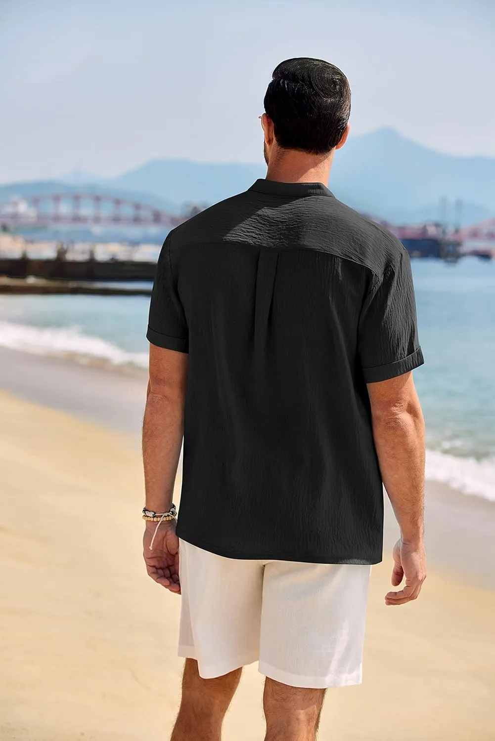 COOFANDY Men's Casual Henley Shirt Band Collar Short Sleeve Shirt Summer Beach Hippie Shirt