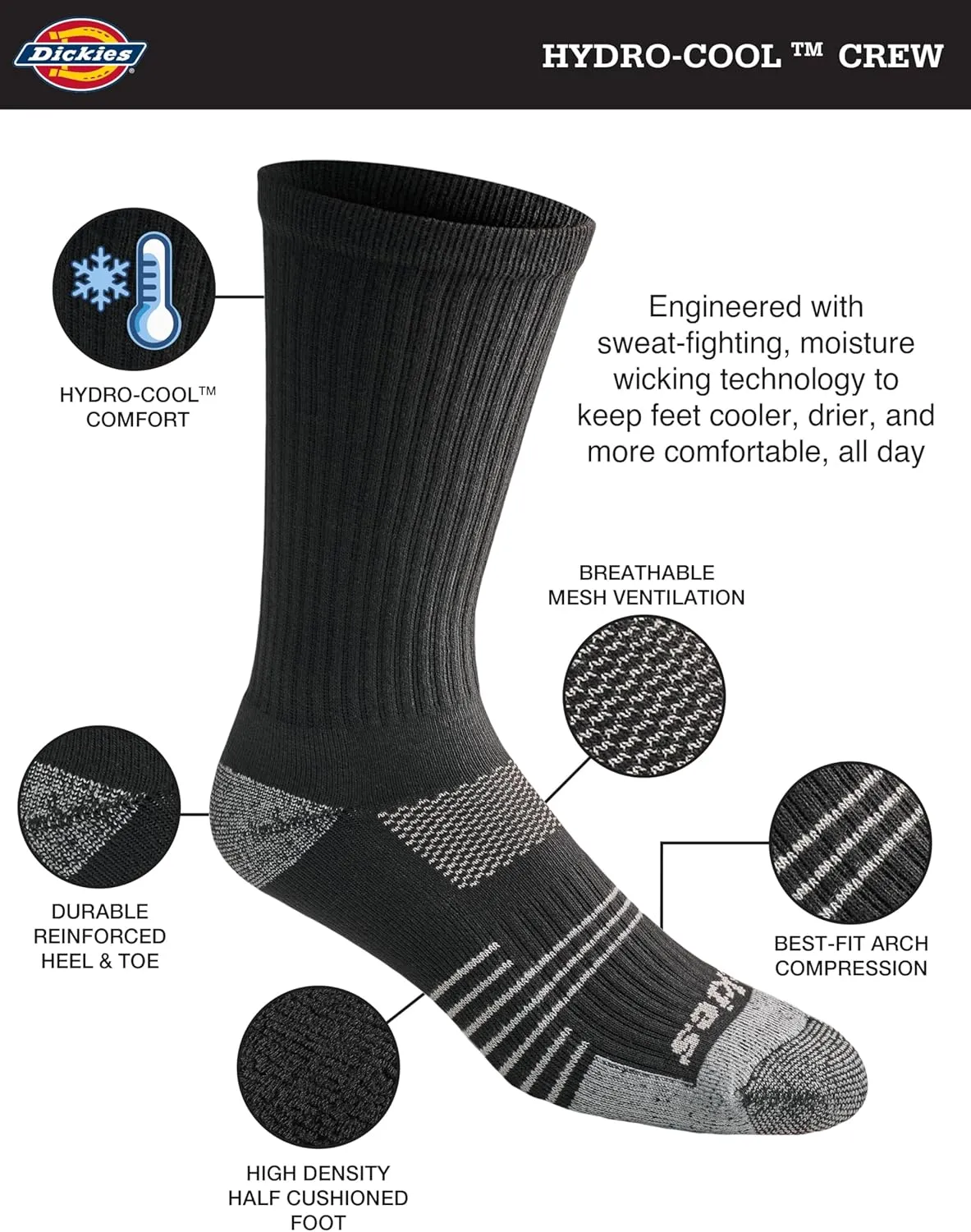 Dickies Men's Hydro-Cool Moisture Control Crew Socks, (6 Pairs)