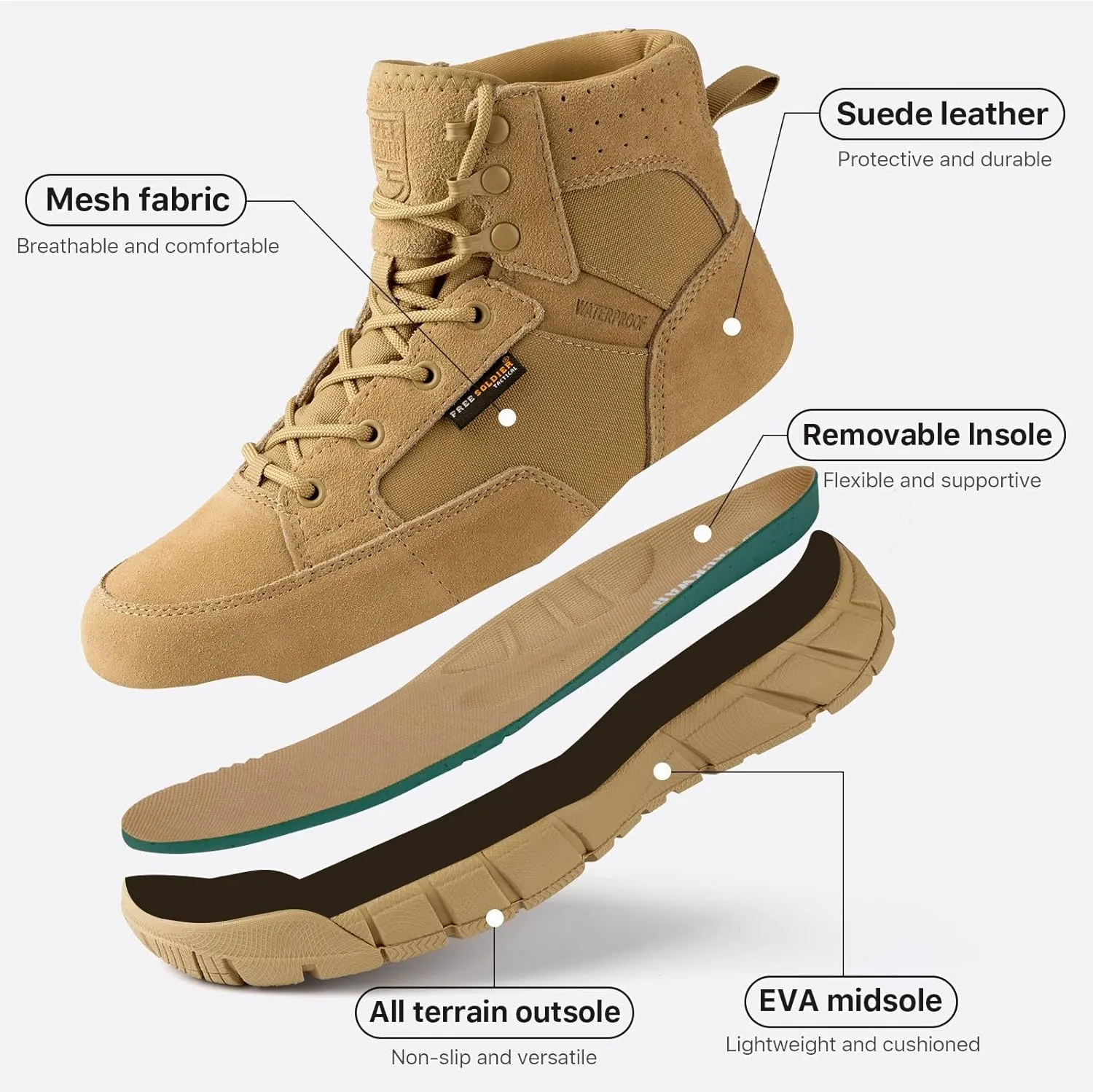FREE SOLDIER Hiking Work Boots Men's Tactical Boots 6 Inches Waterproof Military Boots Outdoors Desert Boots
