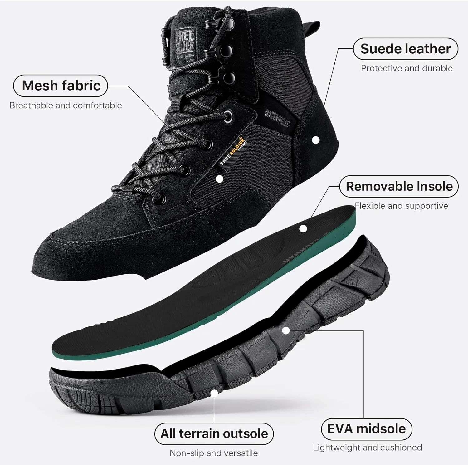 FREE SOLDIER Hiking Work Boots Men's Tactical Boots 6 Inches Waterproof Military Boots Outdoors Desert Boots