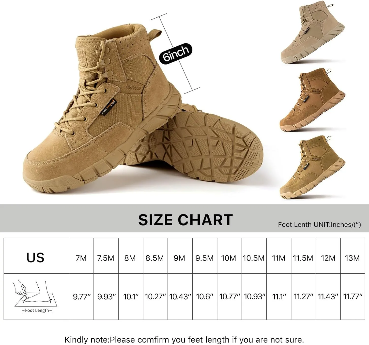 FREE SOLDIER Hiking Work Boots Men's Tactical Boots 6 Inches Waterproof Military Boots Outdoors Desert Boots