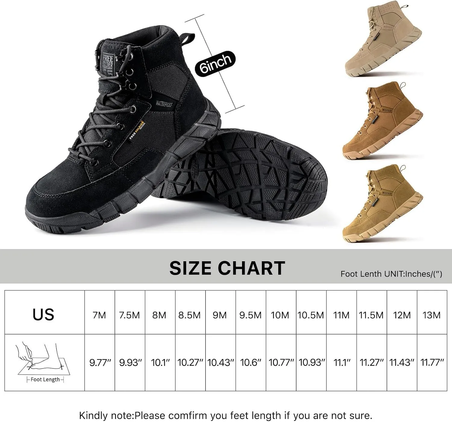 FREE SOLDIER Hiking Work Boots Men's Tactical Boots 6 Inches Waterproof Military Boots Outdoors Desert Boots