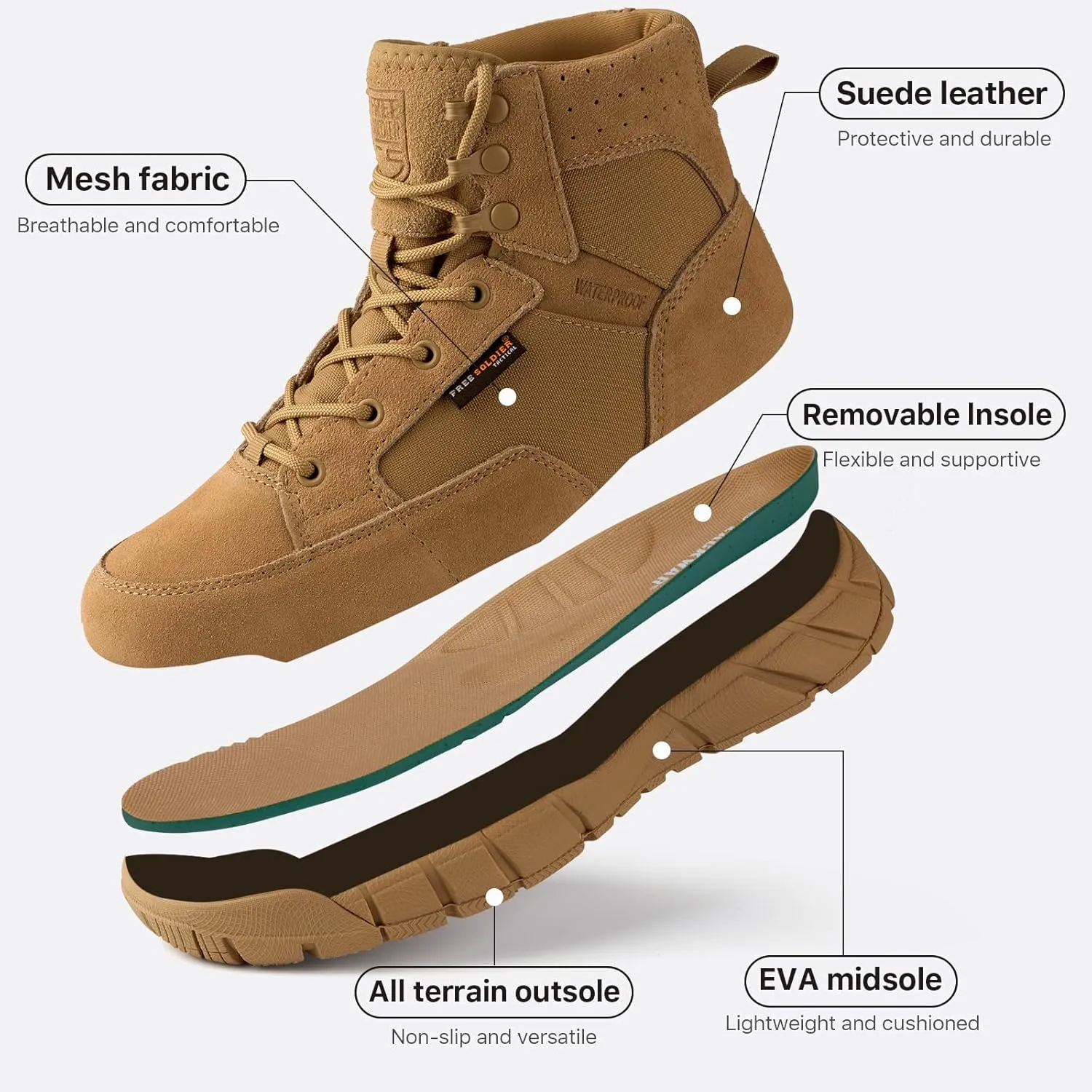FREE SOLDIER Hiking Work Boots Men's Tactical Boots 6 Inches Waterproof Military Boots Outdoors Desert Boots
