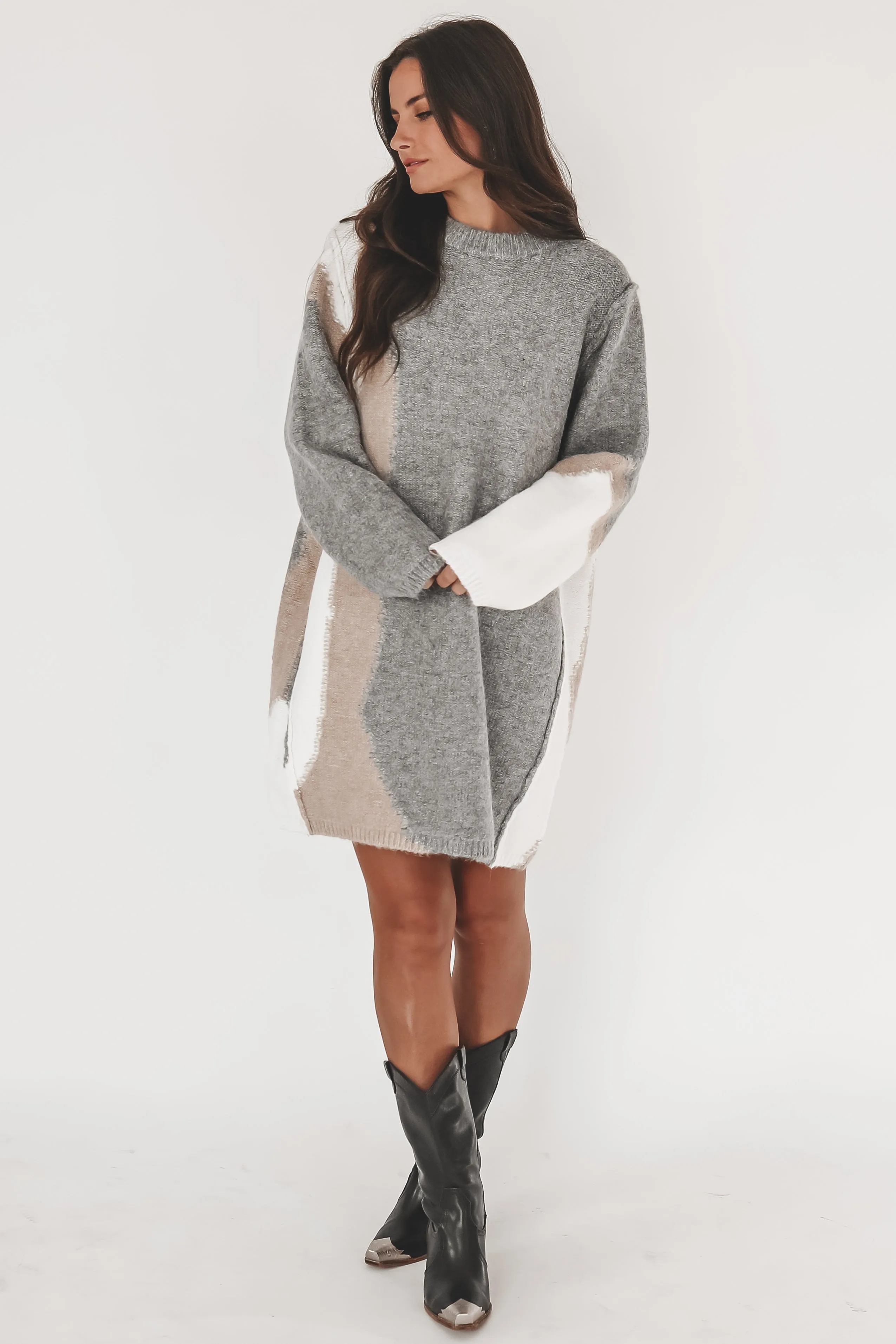 Warm Gray Contrast Sweater Dress for Women