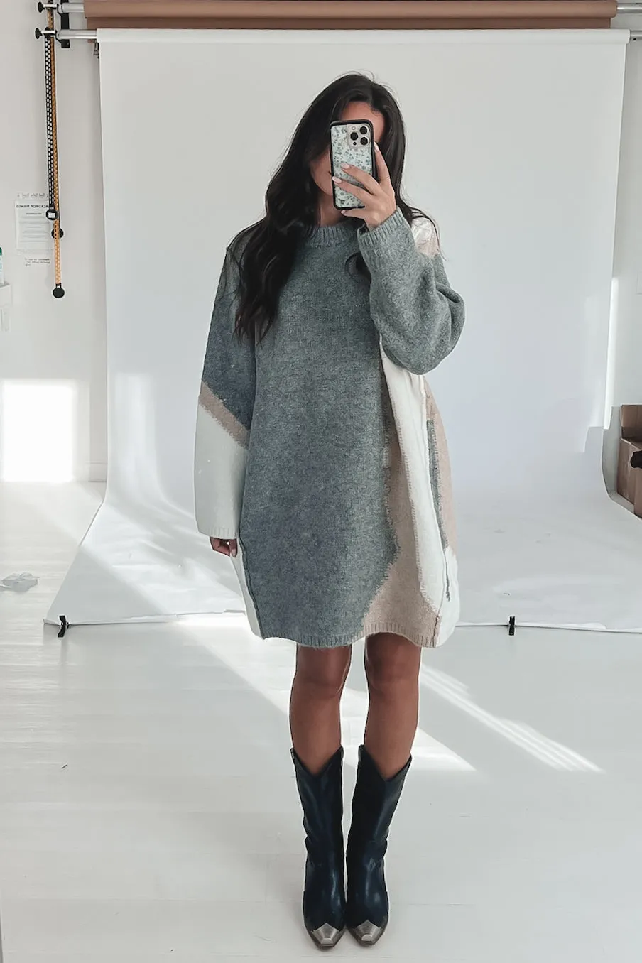 Warm Gray Contrast Sweater Dress for Women
