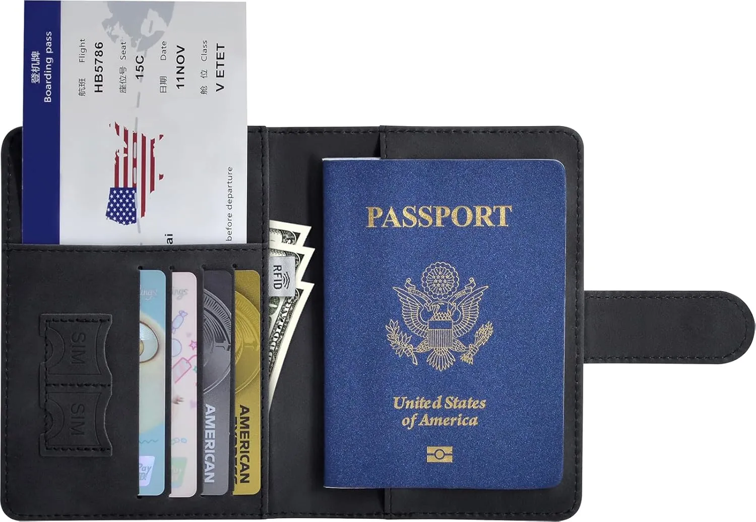 Passport Holder, Passport Cover with Credit Card Slot and Boarding Pass Slot Combo, Passport Wallet Case Book Travel Must Have, RFID Blocking Leather Travel Accessories, Black