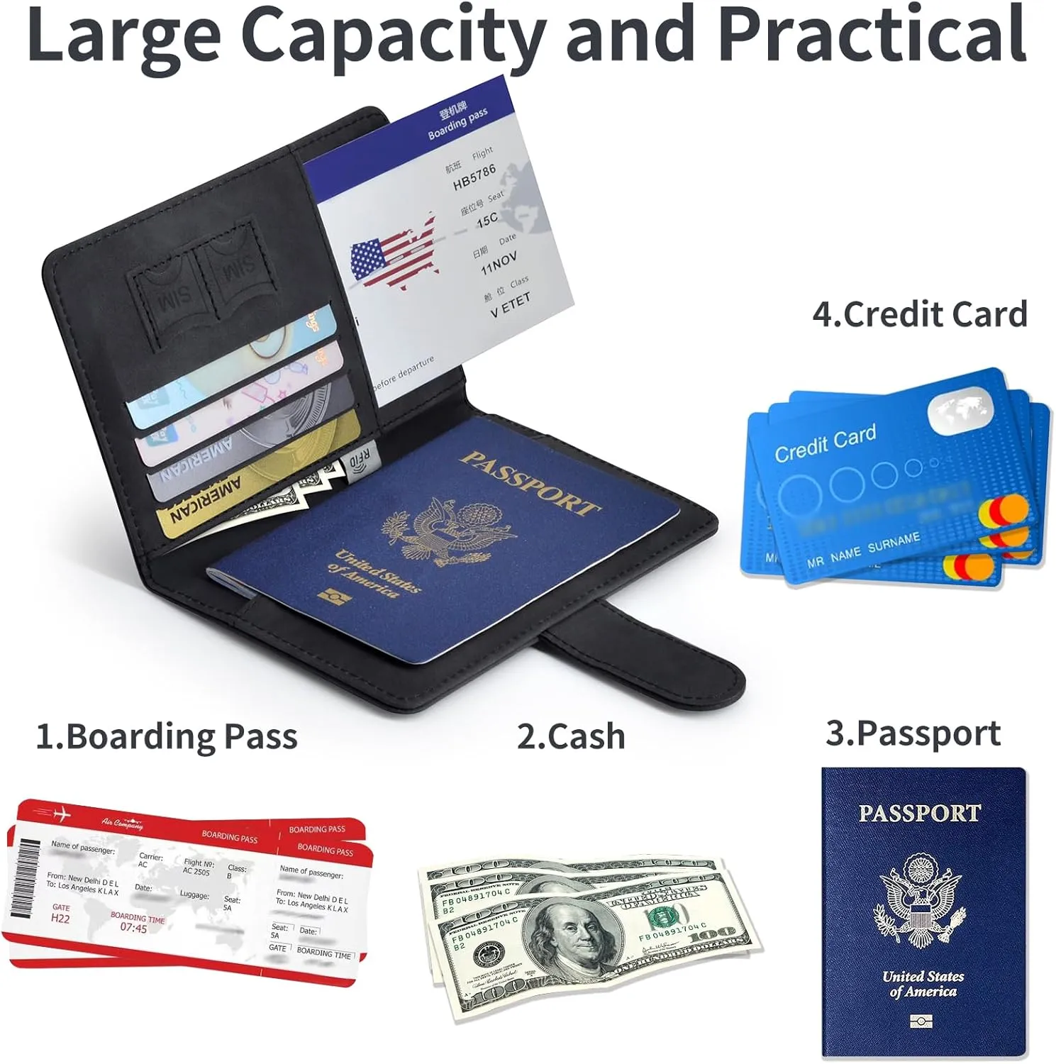 Passport Holder, Passport Cover with Credit Card Slot and Boarding Pass Slot Combo, Passport Wallet Case Book Travel Must Have, RFID Blocking Leather Travel Accessories, Black
