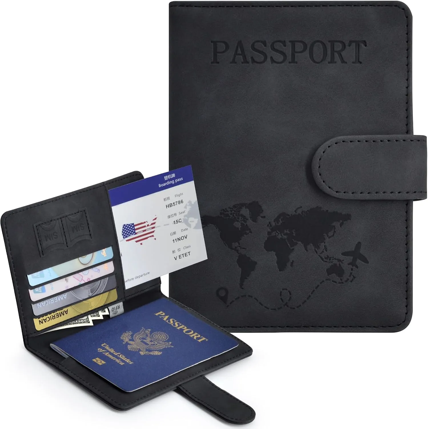 Passport Holder, Passport Cover with Credit Card Slot and Boarding Pass Slot Combo, Passport Wallet Case Book Travel Must Have, RFID Blocking Leather Travel Accessories, Black