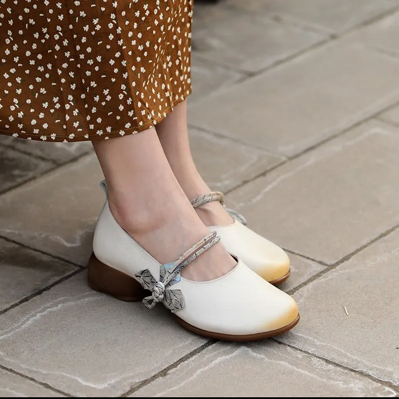 Retro Leather Strappy Mary Jane Pumps Block Heel in Green/Beige