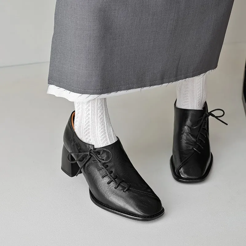 Slouchy Style Sheepskin Square Toe Oxford Tie Shoes For Women in Black/Coffee