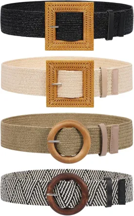 VONMELLI 4 Pack Straw Woven Elastic Stretch Waist Belt Fashion Boho Dress Braided Belts for Women