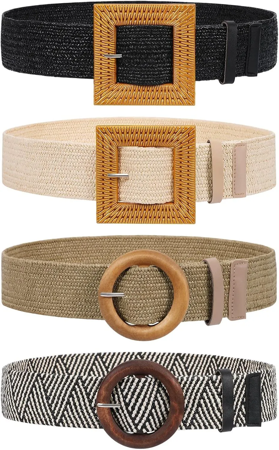 VONMELLI 4 Pack Straw Woven Elastic Stretch Waist Belt Fashion Boho Dress Braided Belts for Women