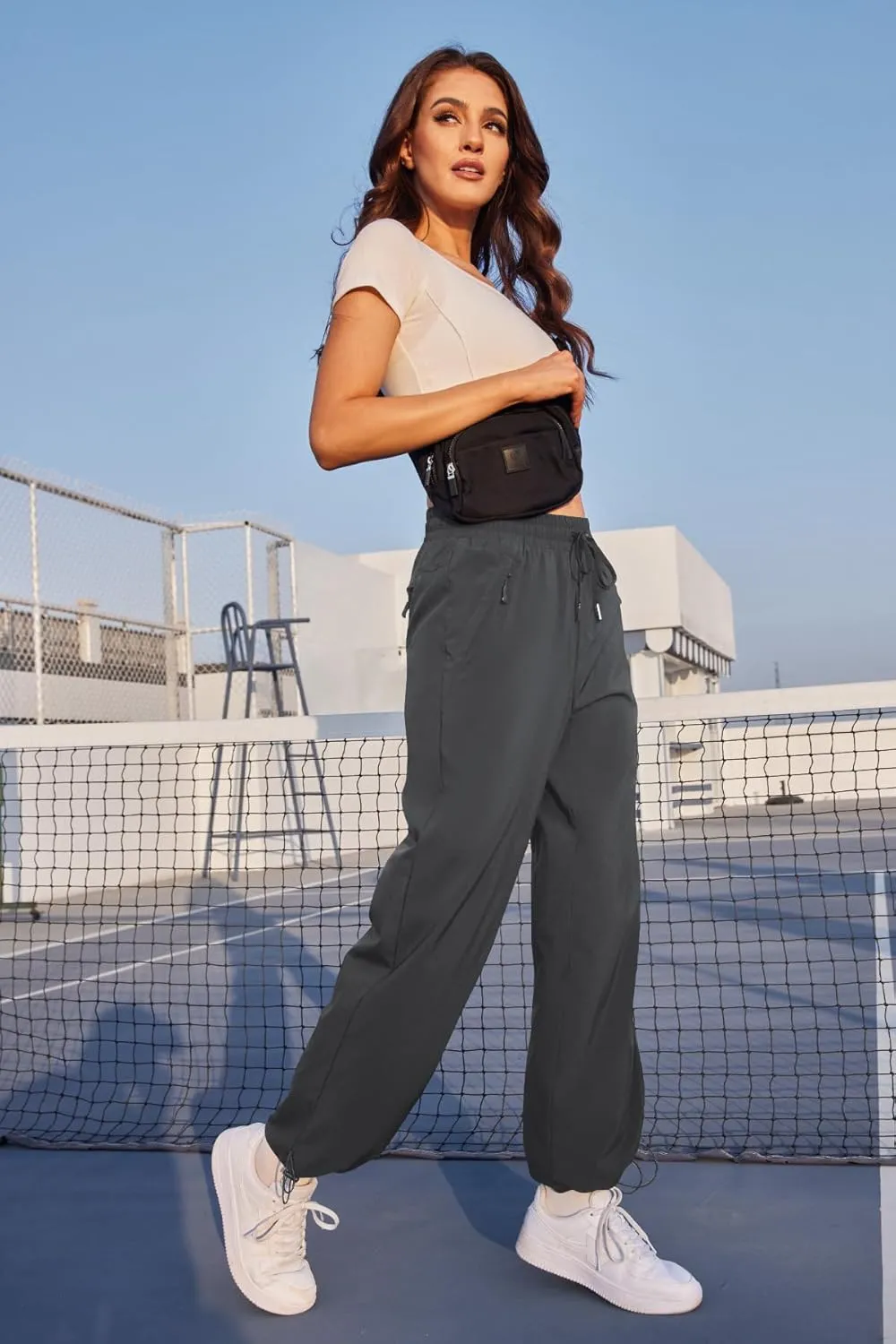 Womens Athletic Hiking Pants Lightweight Quick Dry Water Resistant Elastic Waist Cargo Pants with Zipper Pockets