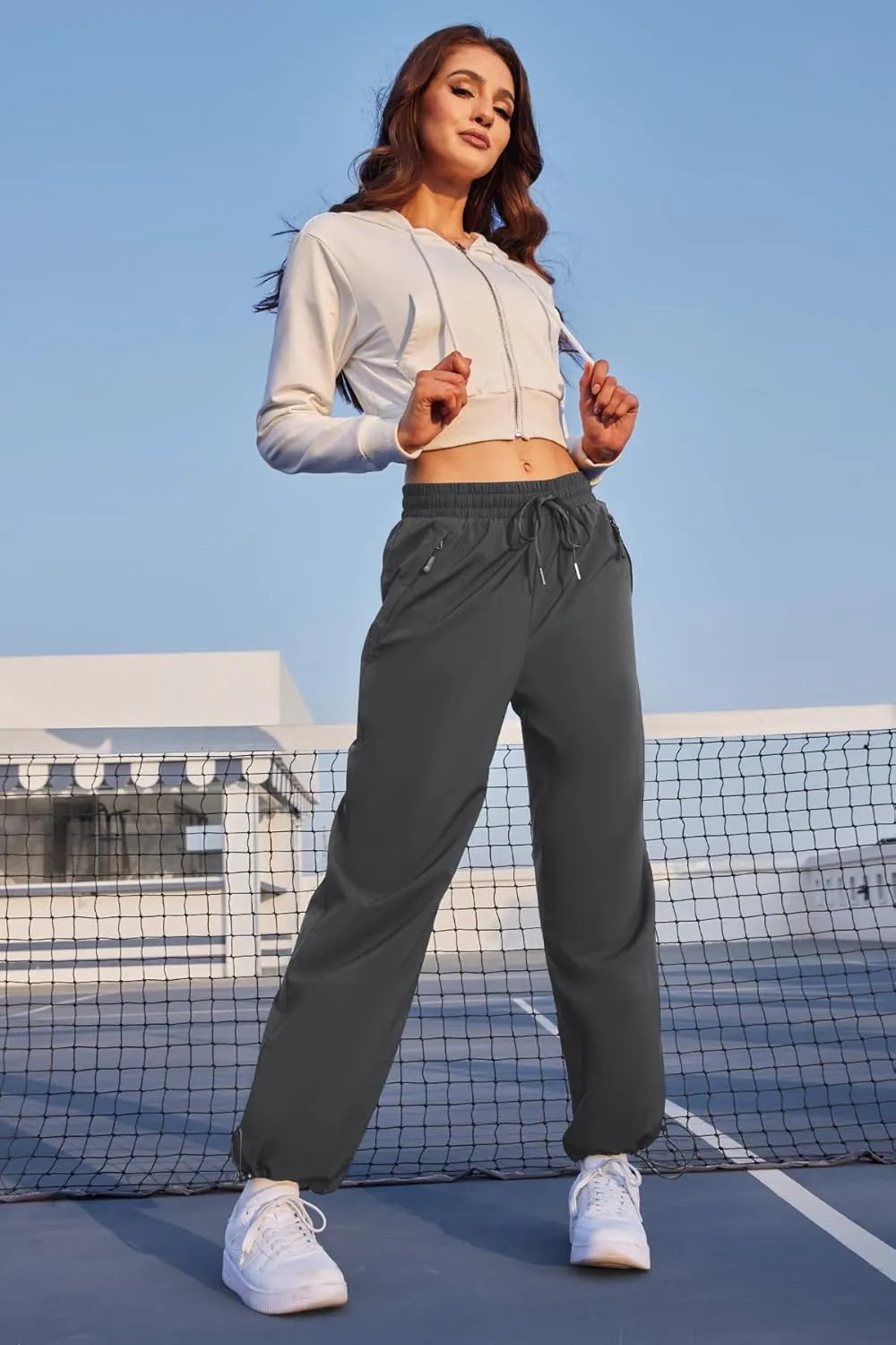 Womens Athletic Hiking Pants Lightweight Quick Dry Water Resistant Elastic Waist Cargo Pants with Zipper Pockets